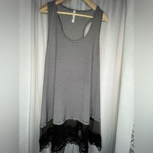 NWOT- Black + White Striped Tunic Style Tank with Lace Trim